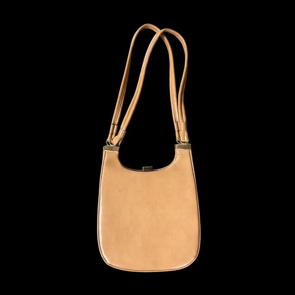 Vintage Purse Vinyl Shoulder Bag Double Strap Beige Tan 1960s Retro Fashion - Picture 3 of 10